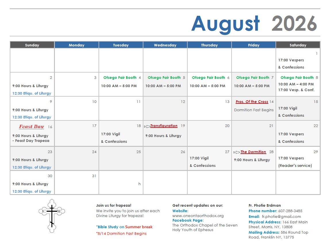 Calendar & Service Times